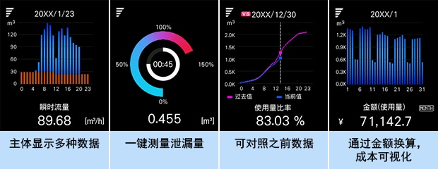 主體顯示多種數(shù)據(jù) | 一鍵測量泄漏量 | 可對照之前數(shù)據(jù) | 通過金額換算，成本可視化